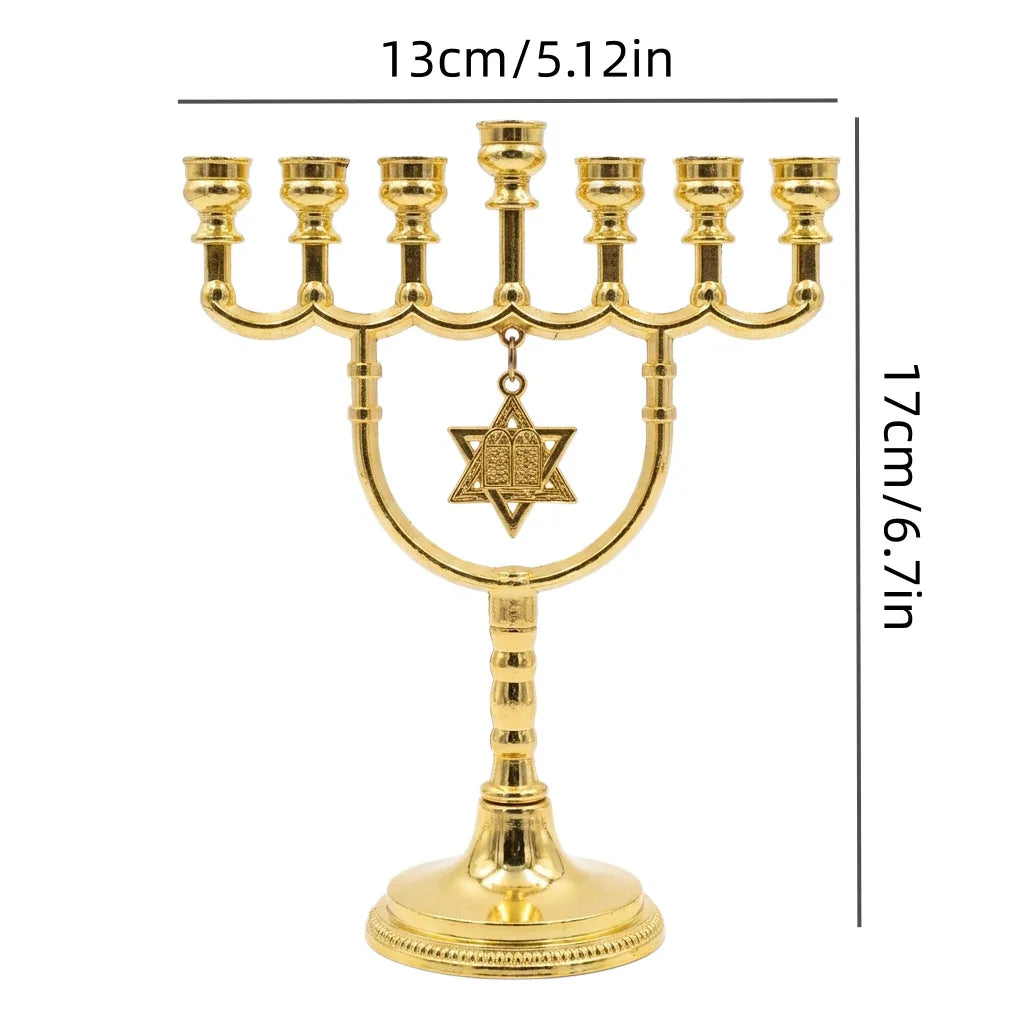 1PC Jewish 7 Branch Menorah Gold Zinc Alloy Candlestick with Star of David Religious Candle Holder for Hanukkah Home Decor