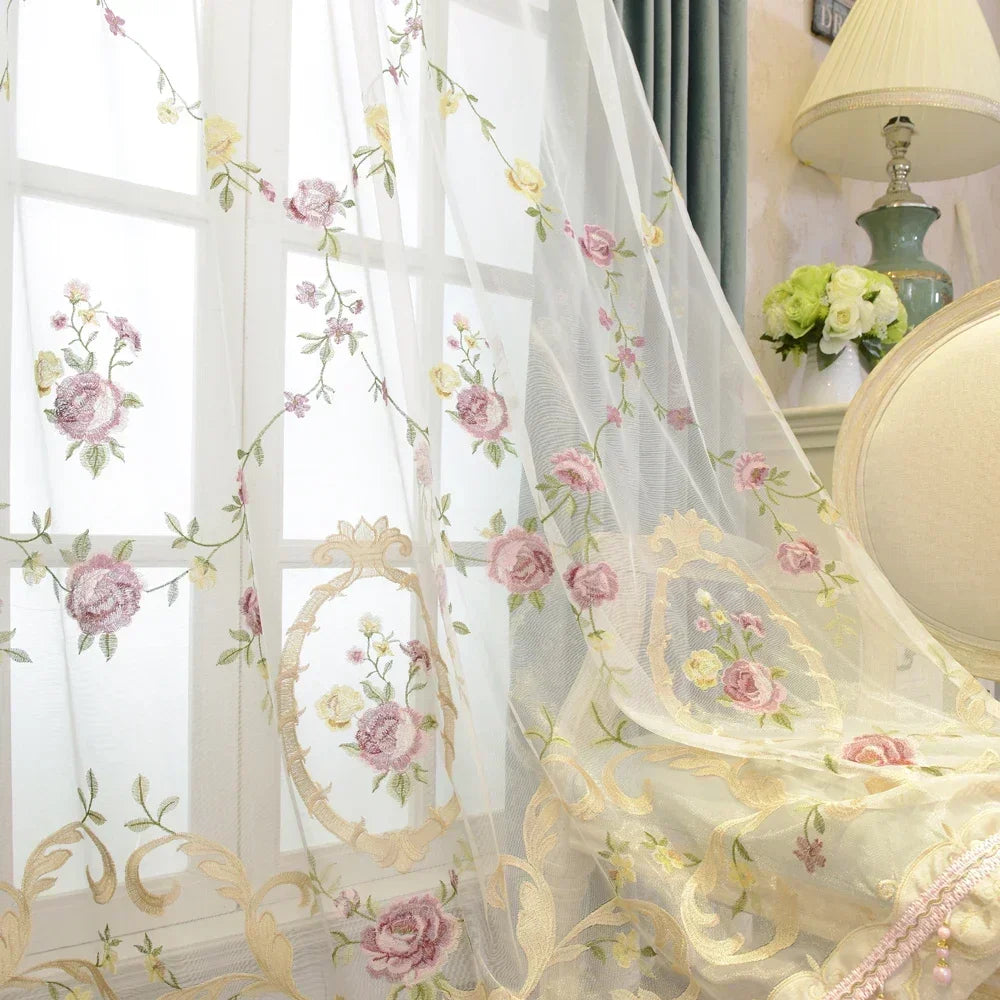 1PC French Luxury Velvet Tulle Curtains For Bedroom Flower Embroidered Tulles for Living Room Window Villa