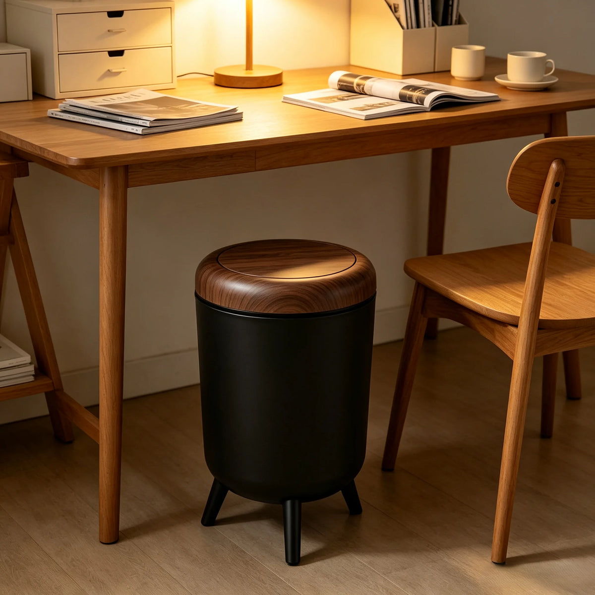 Tall Press‑Open Lidded Waste Bin with Tripod Stand, Wood‑Grain Lid Decorative Waste Container, Large‑Capacity Floor Trash Can for Home Kitchen Living Room
