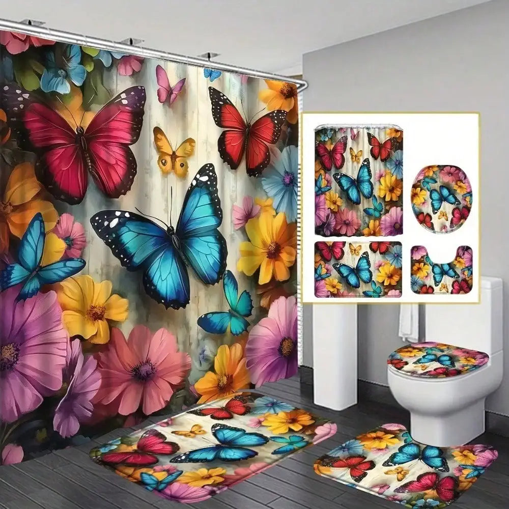 4pcs/1pc Colorful spring butterfly flower machine washable shower curtain set with anti slip blanket and U-shaped toilet pad