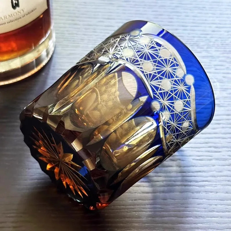 Chamvin Japanese Edo Kiriko Stellar Pulse Whiskey Glass , Hand Carved, Wooden Box Gift, Thick Bottom Wine Glass