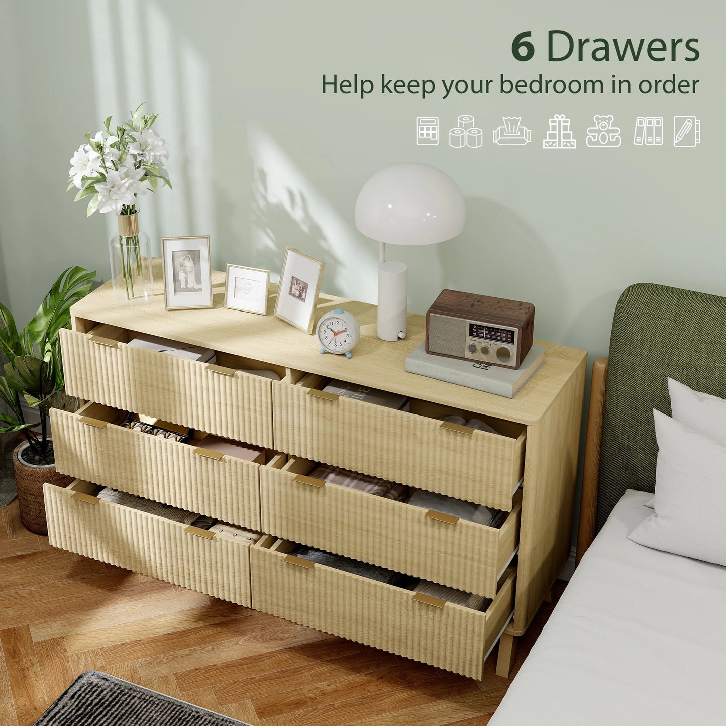 Fluted Dresser for Bedroom with 6 Drawers, 54" Wide Chest of Drawers with Gold Finger Pulls and 5 Wood Legs, Natural Wood