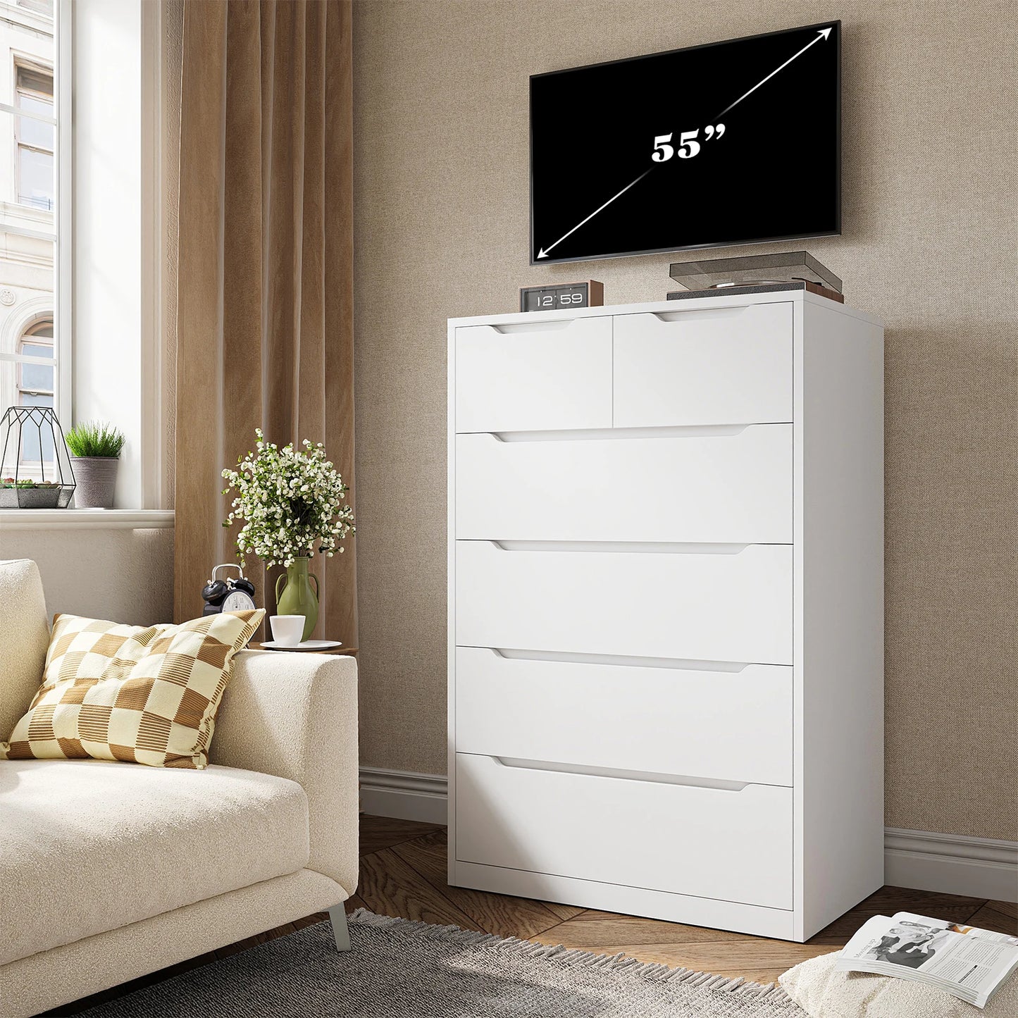 Modern Tall wooden Dresser with 6 Drawers - Solid Wood Storage Cabinet for Bedroom, Entryway & Living Room