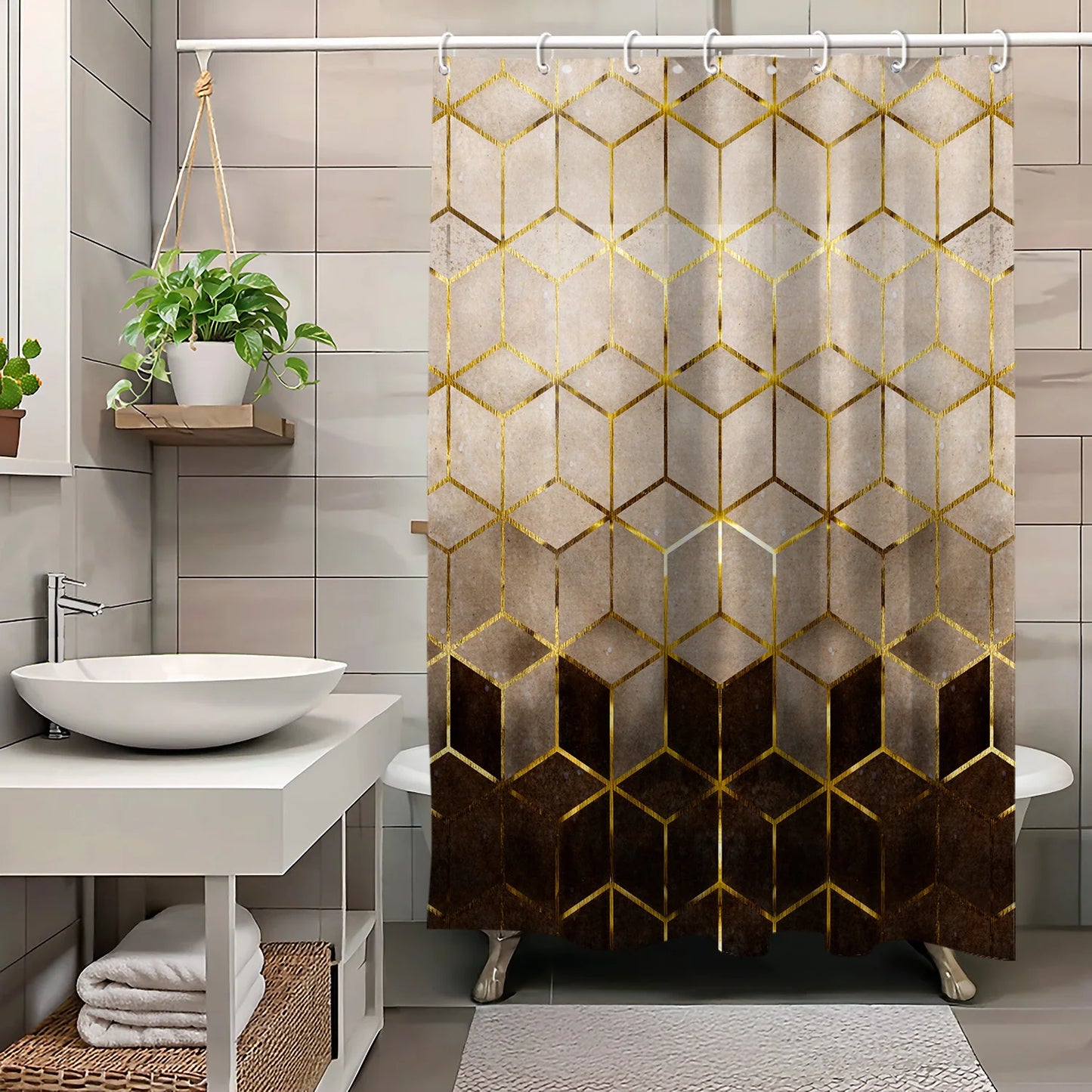Shower Curtain 1pc Golden Brown Gradient Geometric Grid Abstract Pattern Printed Polyester Fabric Waterproof Mildew Resistant Washable Bathroom Hanging Drapery Tub Window Wall Luxury Decoration Home Supplies Multi Sizes Thank