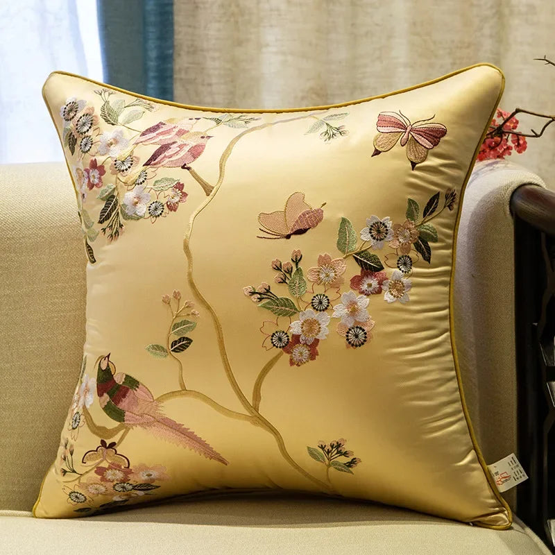 New Chinese Style Embroidered Bird Cushion Cover Living Room Sofa Waist Pillow Luxurious Classical Bed Head Silk Pillowcase