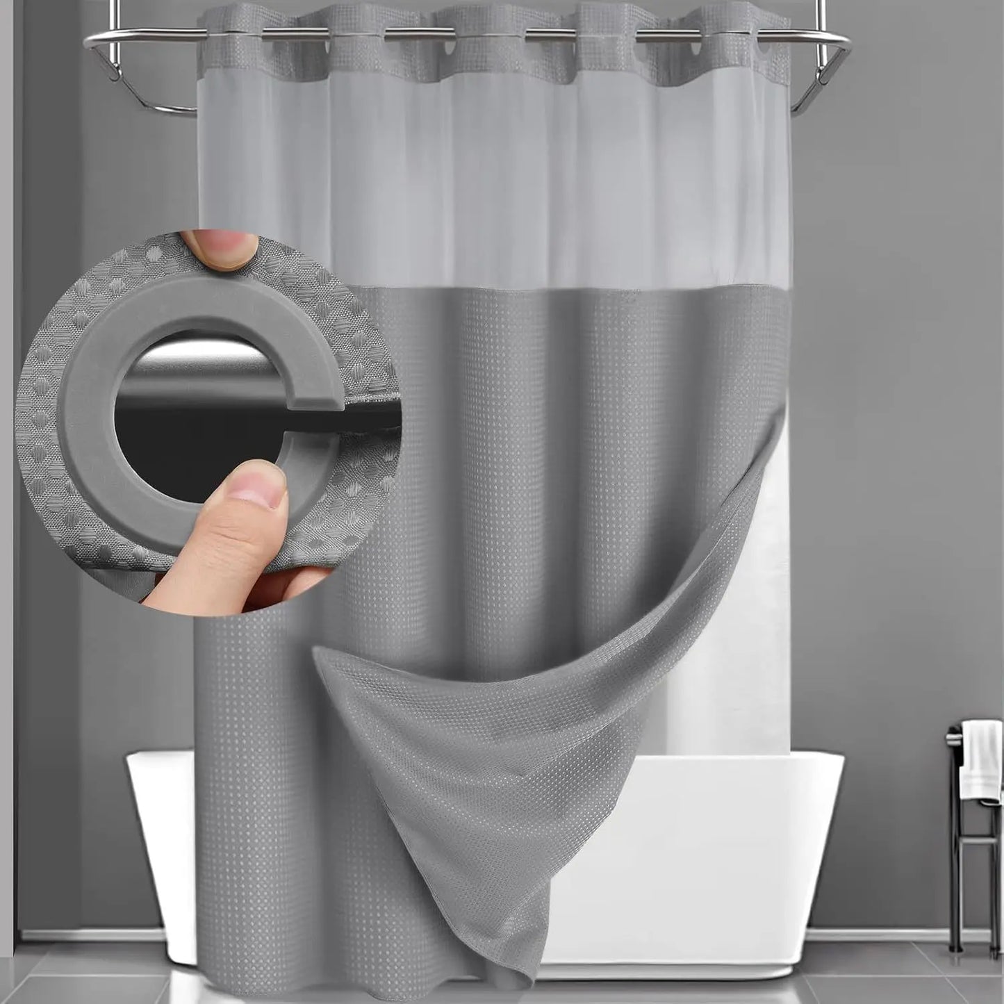 1PC Dotted Waffle Weave Shower Curtain Set Hotel Spa Grade Fabric 71x74 with Snap-In Liner No Hooks Required