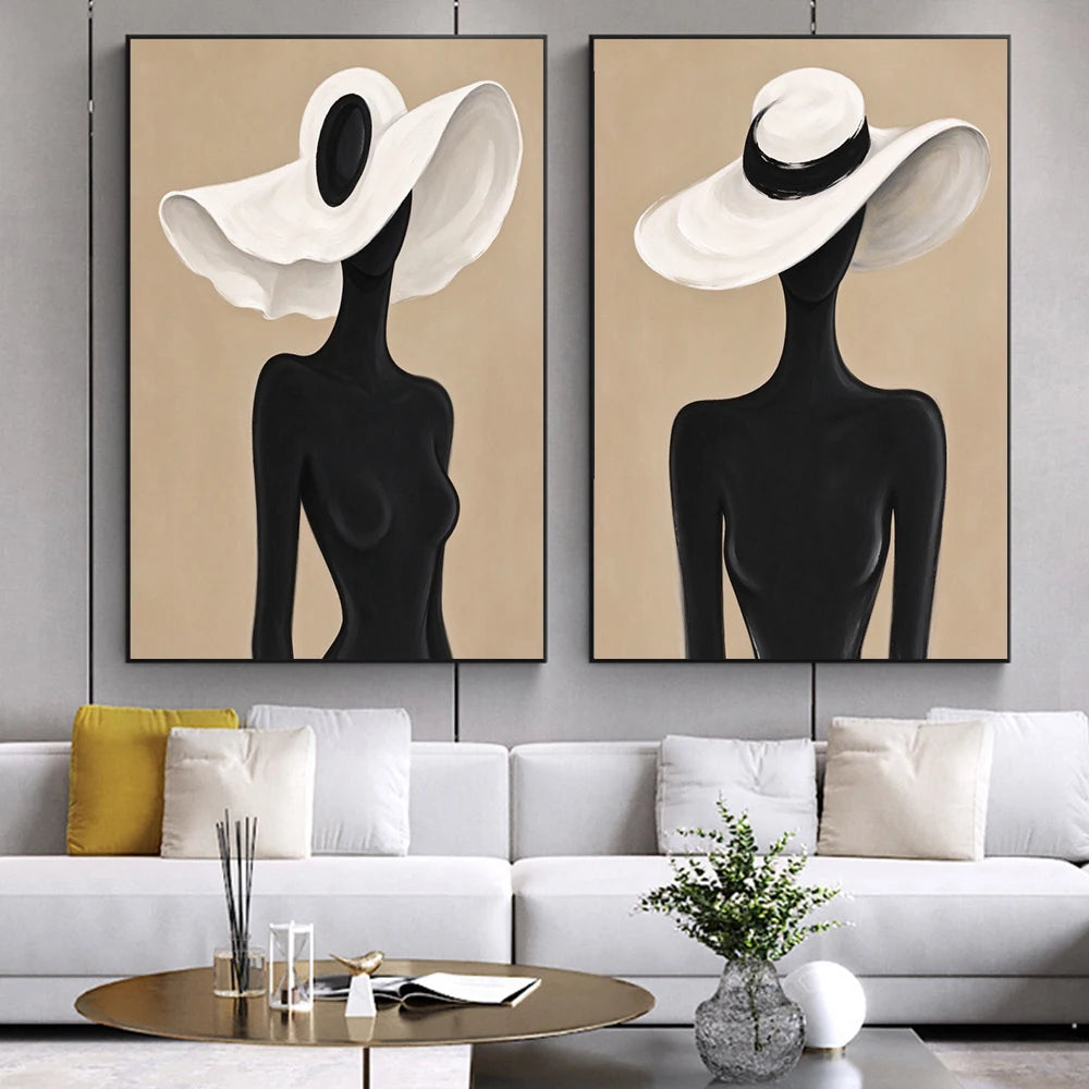 Minimalist Black Silhouette Woman With White Wide Brim Hat Canvas Wall Art Neutral Beige Boho Abstract Female Portrait Print