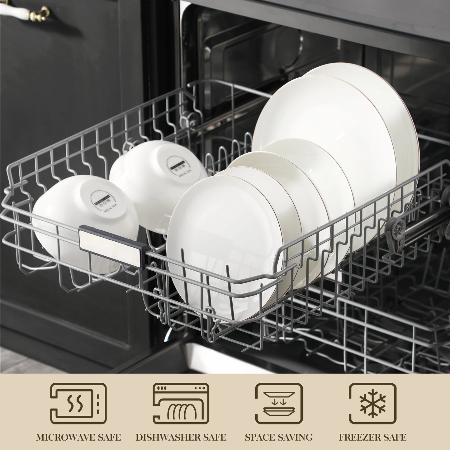 MALACASA 16/32-PCS Nordic European Golden Rim White Bone China Tableware Set with Bowl,Dinner&Dessert&Soup Plate Set for 4