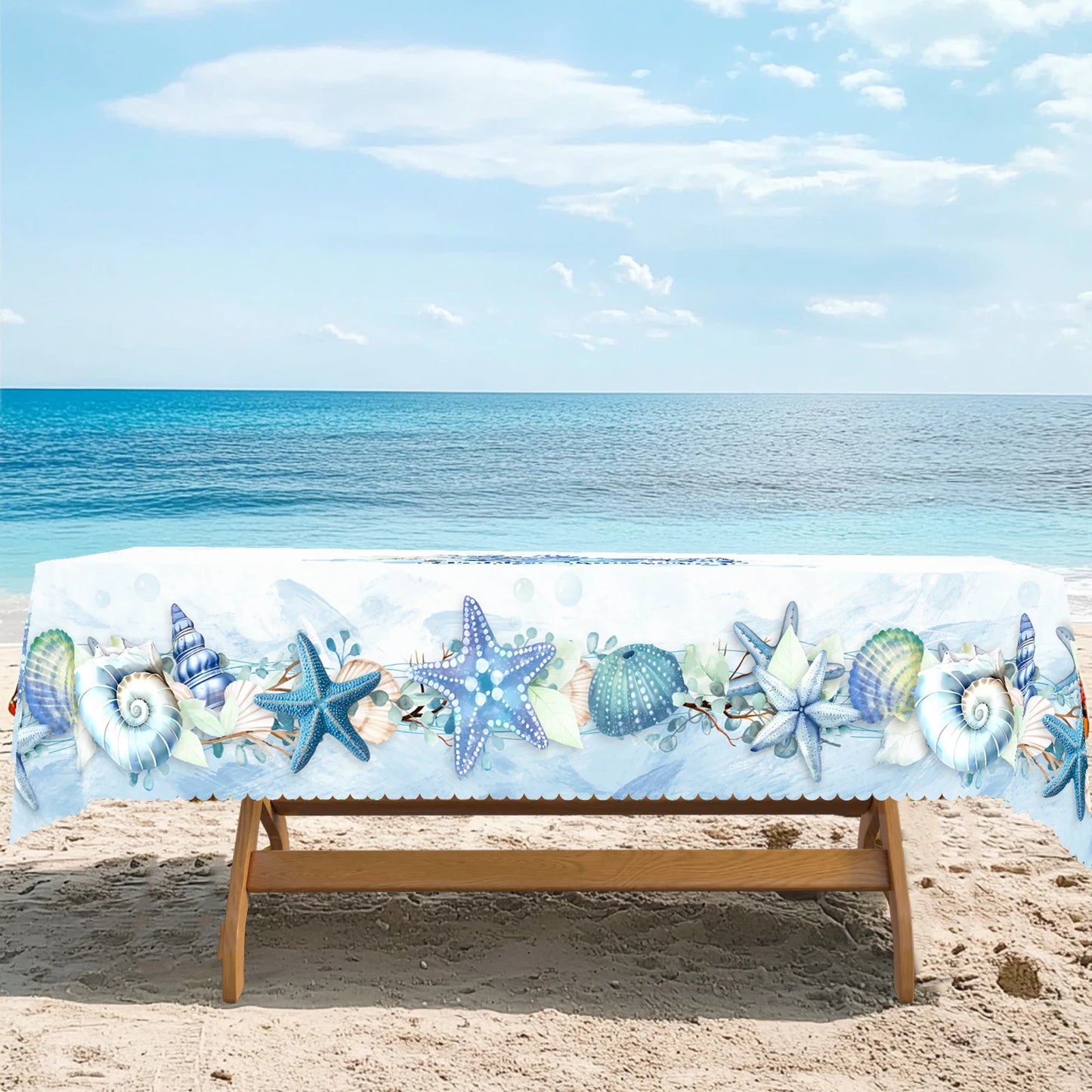 Coastal Tablecloth, Ocean Nautical Table Cloth, Polyester fibre, Coral Starfish Seashell Table Covers, Beach Themed Table