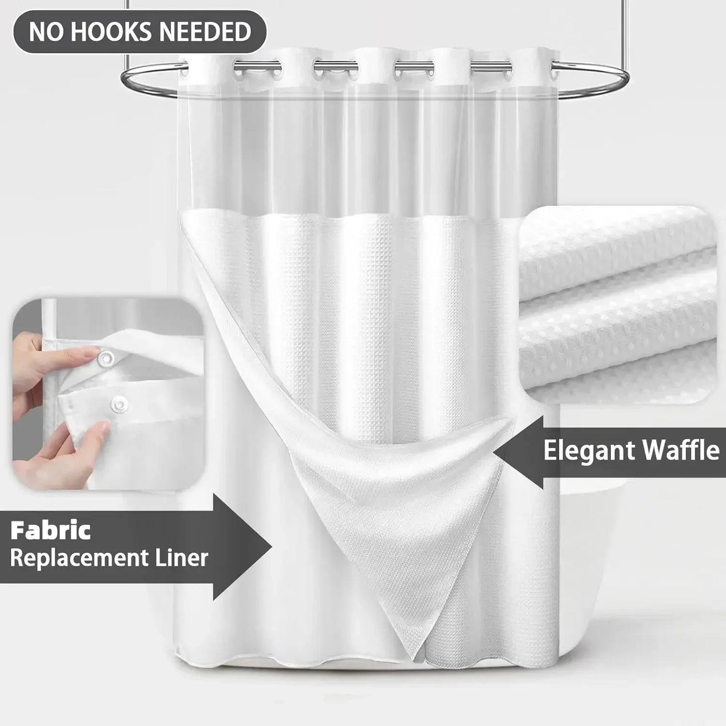 1PC Dotted Waffle Weave Shower Curtain Set Hotel Spa Grade Fabric 71x74 with Snap-In Liner No Hooks Required
