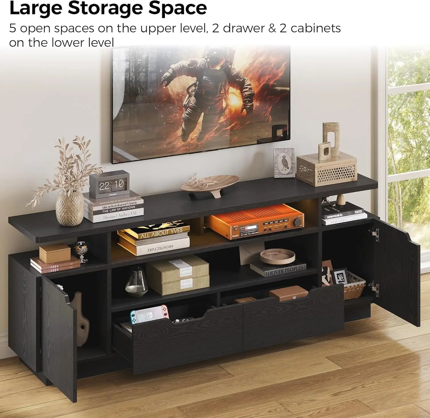 IRONCK TV Stand for TVs 85 inch with Power Outlet&LED Lights,Entertainment Center with Storage Cabinets&Drawers for Living Room