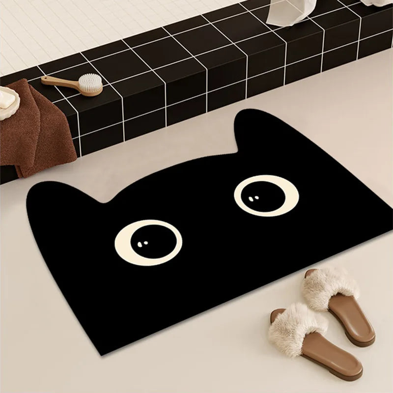 Black Cat Quick-Drying Bath Mats Cute Absorbent Floor Mats for Bathroom Bathtub with Non-slip Rubber Bottom Small Size Foot Pads