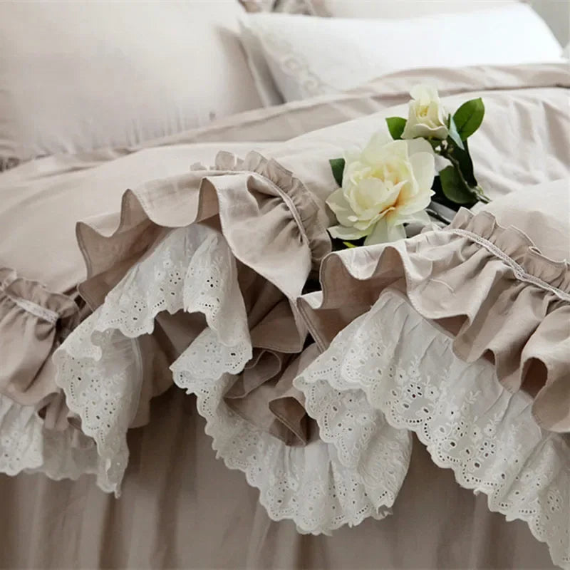Top Romantic Lace Ruffle Duvet Cover Queen Solid Home Bedding Duvet Cover King Size 100% Cotton Elegant Bedroom Quilt Covers