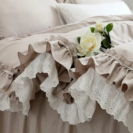 Top Romantic Lace Ruffle Duvet Cover Queen Solid Home Bedding Duvet Cover King Size 100% Cotton Elegant Bedroom Quilt Covers