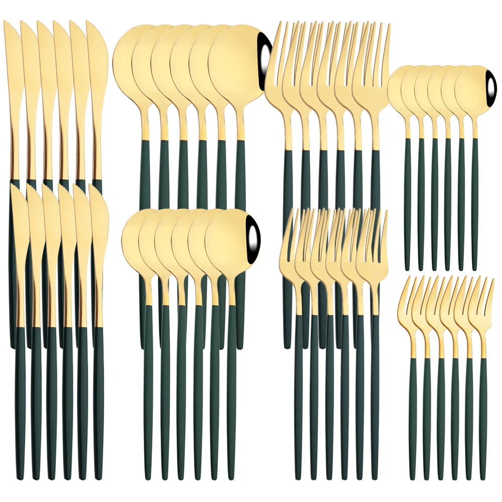 48pcs Black Gold Cutlery Set Knife Dessert Fork Coffee Spoon Dinnerware Stainless Steel Tableware Western Party Kitchen Flatware