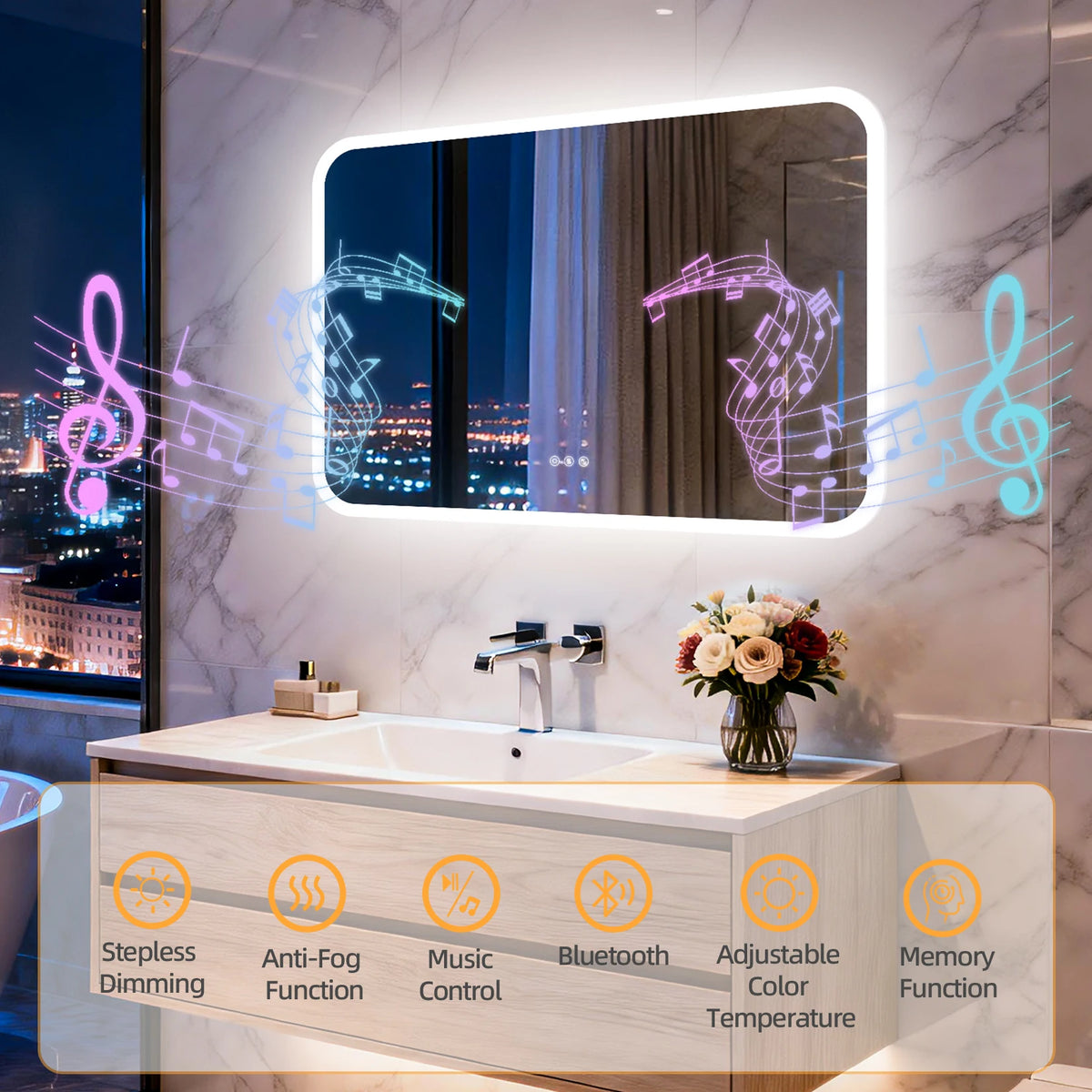 Smart LED Bathroom Mirror with Bluetooth Speakers Rectangle Illuminated Vanity Mirror Dimmable 3 Colors Anti Fog Touch Control Wall Mount