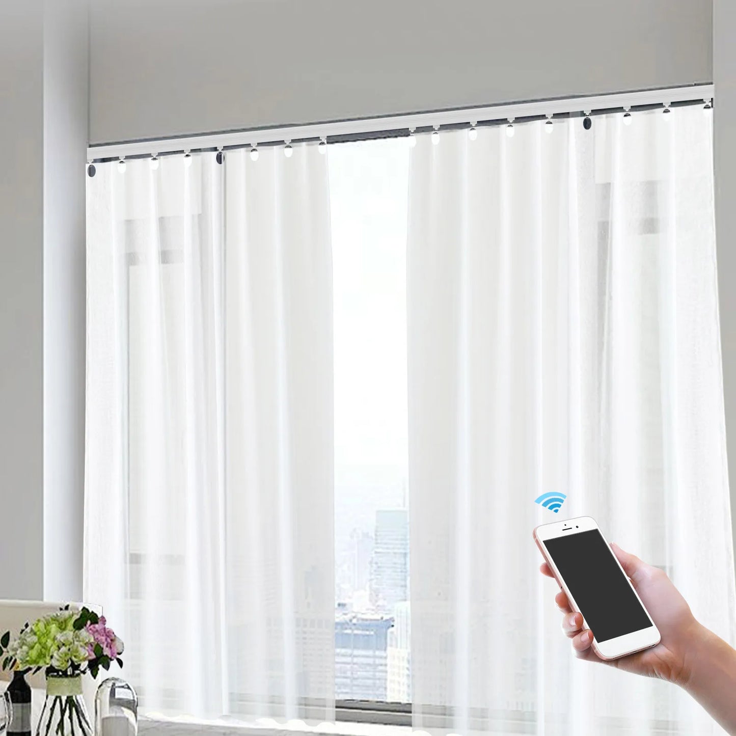 Electric Smart Curtains System Automatic Curtain Opener With Remote Compatible With Wifi/App/Voice Control (Up To 13.78ft)