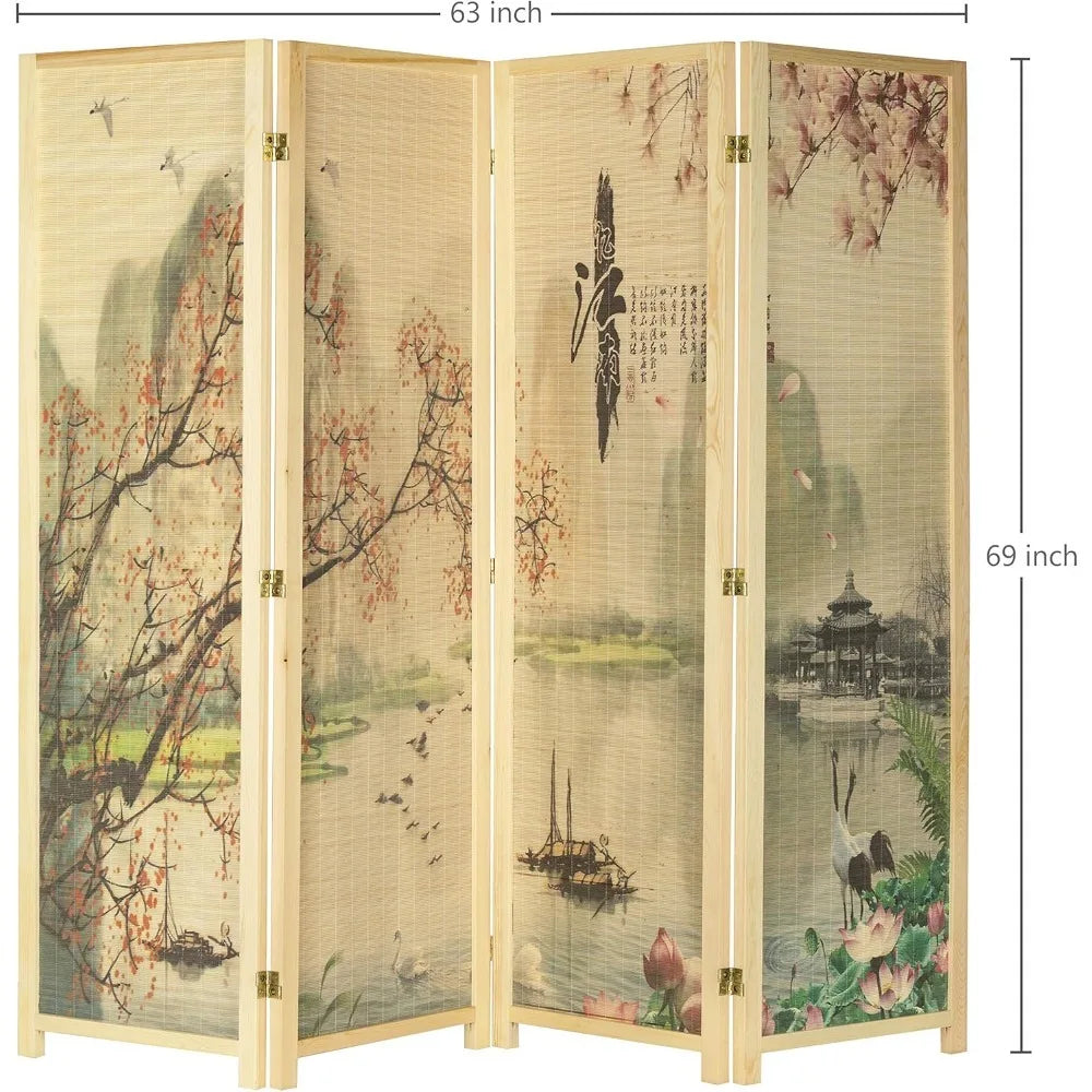 Office 4 Panel Folding Bamboo Room Divider Freestanding Cherry Blossom Floral Artwork Partition Screen with Beige Wood Frame