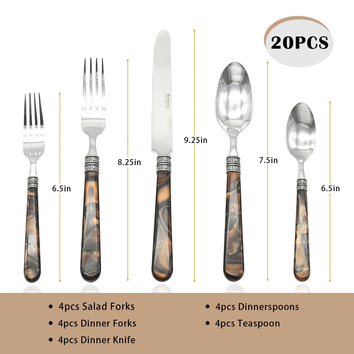 Barenthal Tortue Sandstone Handle Flatware Set 20Pcs Stainless Steel Cutlery Set Vintage Marble Pattern Dinner Fork Knife Spoon Tableware Restaurant Home Dinner Party Steak Dessert Silverware