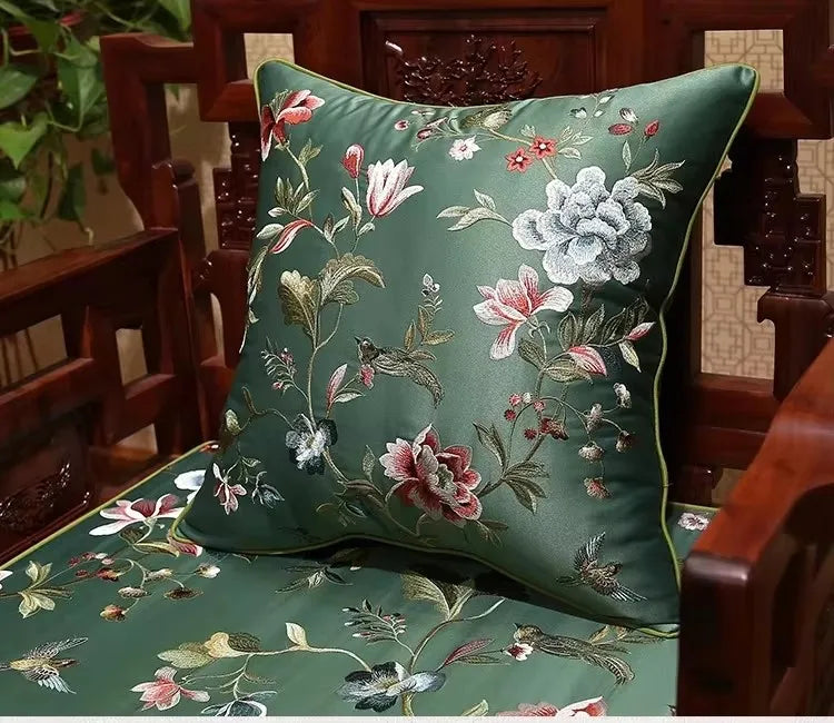 New Chinese Style Embroidered Bird Cushion Cover Living Room Sofa Waist Pillow Luxurious Classical Bed Head Silk Pillowcase