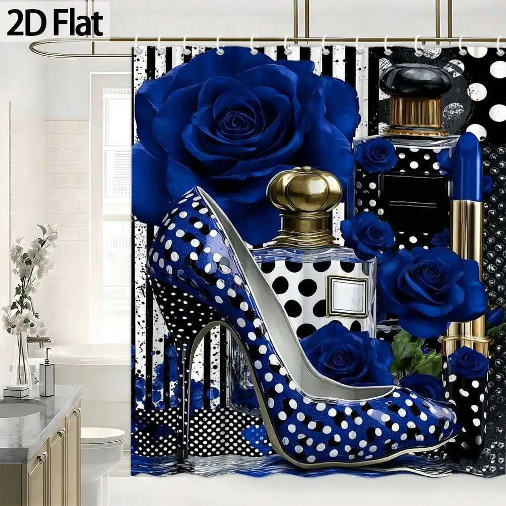 2D Flat, 1pc 2D Flat Shower Curtain with Rose Floral Pattern, Paired with Black and White Polka Dots and High Heels