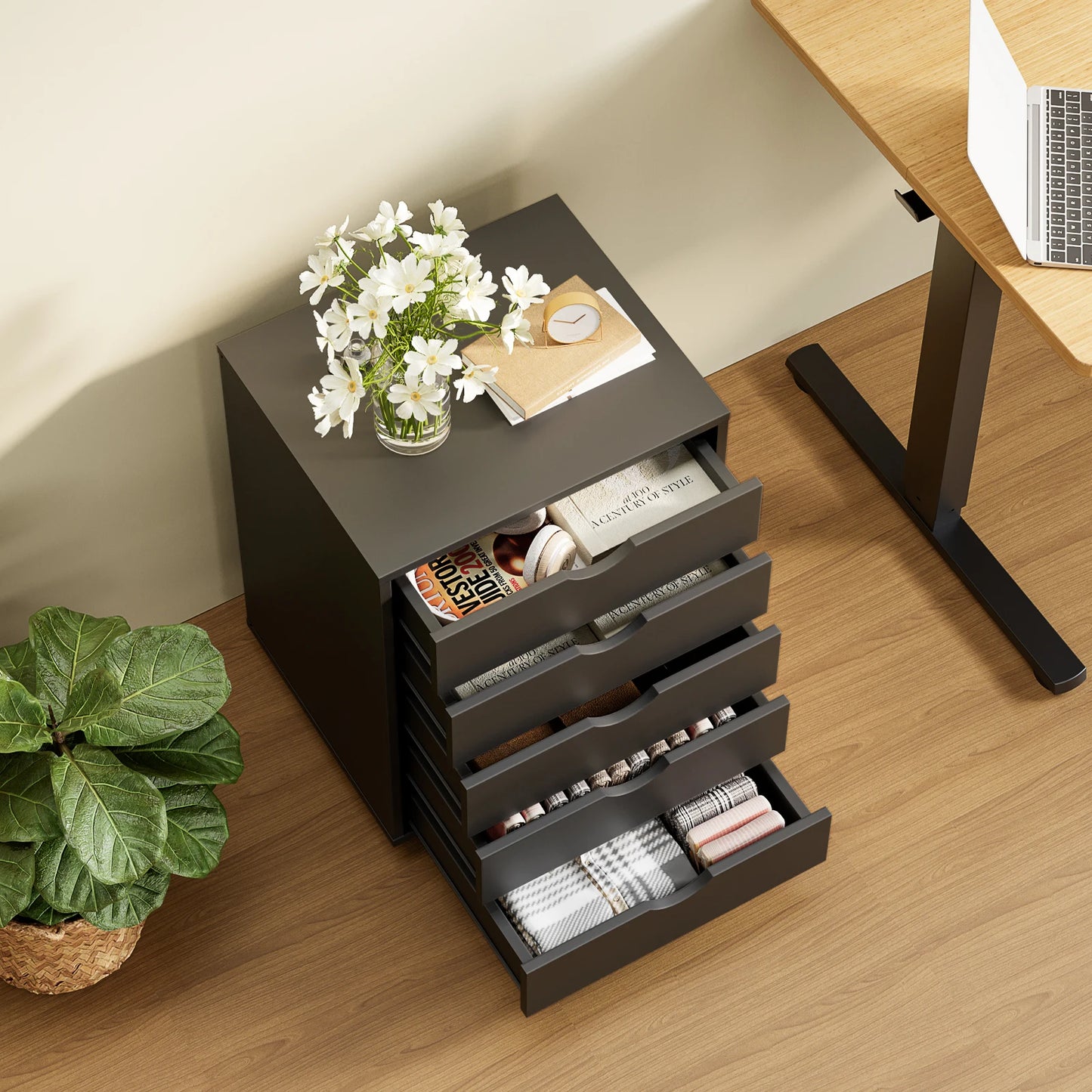 JHK Wood Cabinet For Living Room With 5 Drawers Waterproof Surface Storage Organizer Easy To Move Display Of Furniture