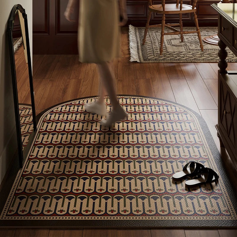 Entrance Door Mat Anti-slip Waterproof Dirt-resistant Carpet Retro Green Plaid Pvc Leather Rug Semicircle Home Decor Floor Mats