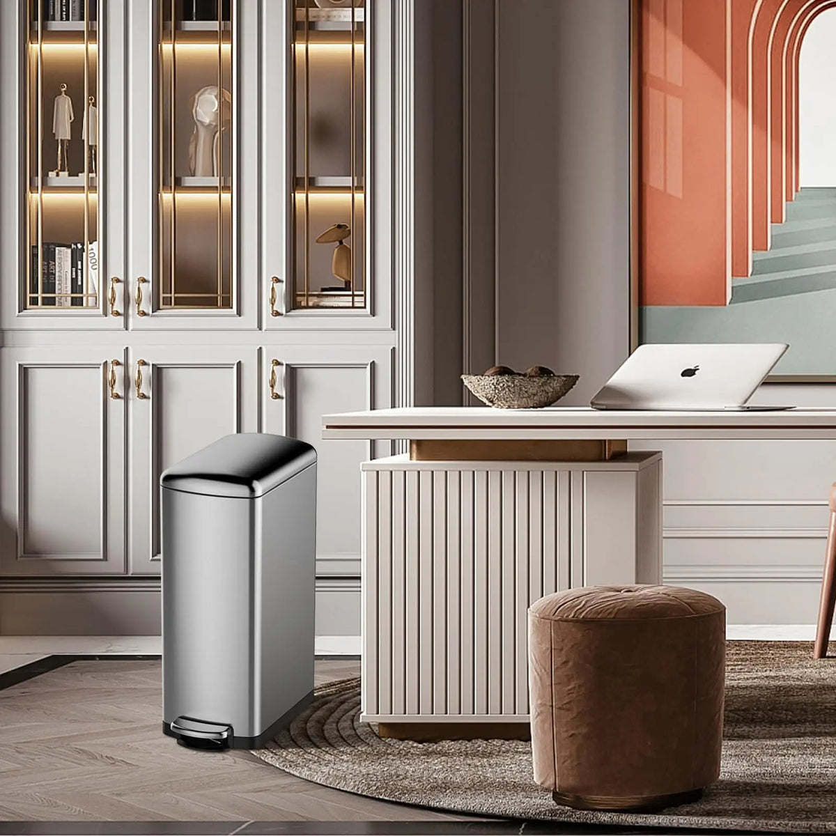 8 Gallon Slim Step Trash Can - Stainless Steel Garbage Bin with Soft-Close Lid, Removable Inner Bucket, Fingerprint-Resistant, Space-Saving for Kitchen, Bathroom, Office