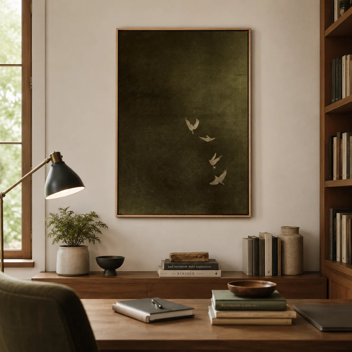 Olive Green Bird Canvas Art, Dark Moody Framed Art,Minimalist Japandi Living Room Decor Canvas Wall Print for Bedroom