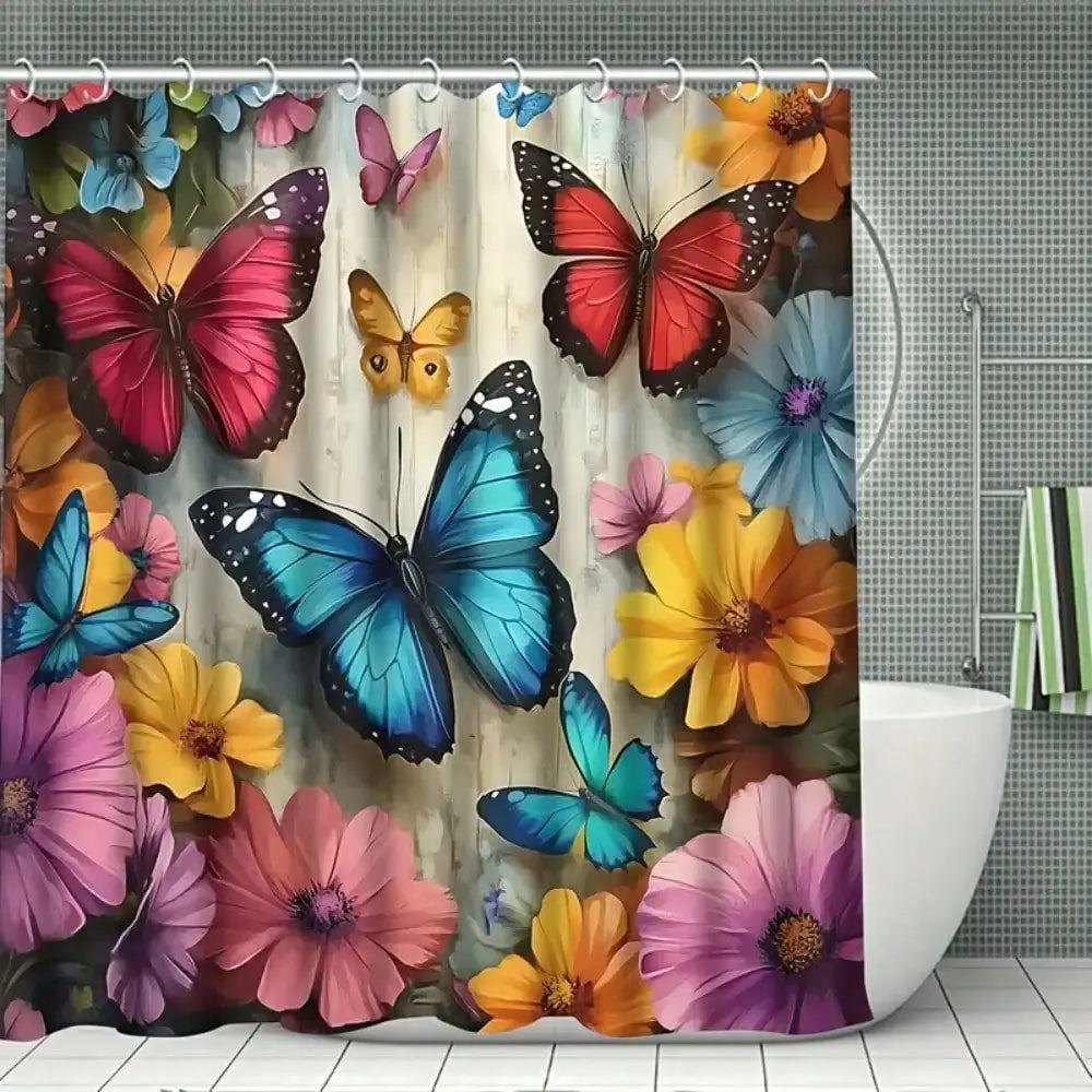 4pcs/1pc Colorful spring butterfly flower machine washable shower curtain set with anti slip blanket and U-shaped toilet pad