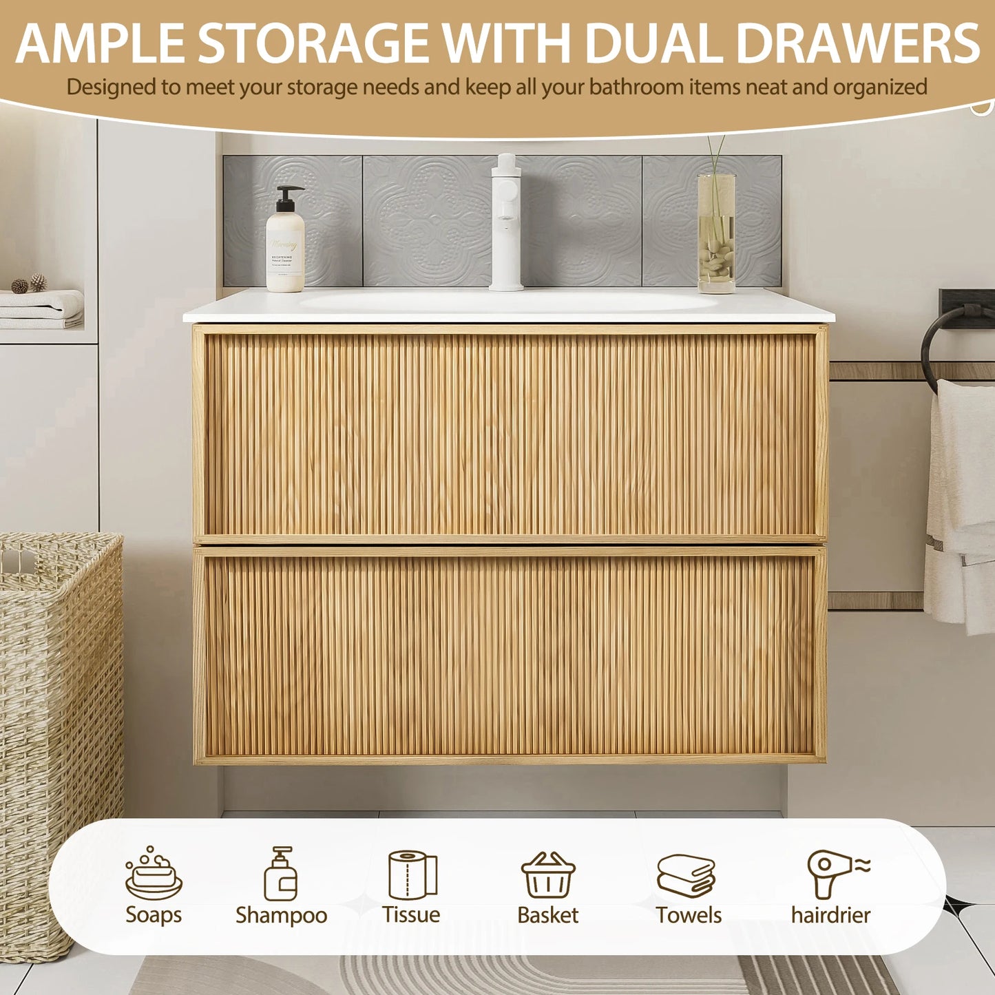 40-Inch Floating Bathroom Vanity with Sink, Natural Oak Fluted Front, Multi-Layer Solid Wood, Wall-Mounted, White Stone Top
