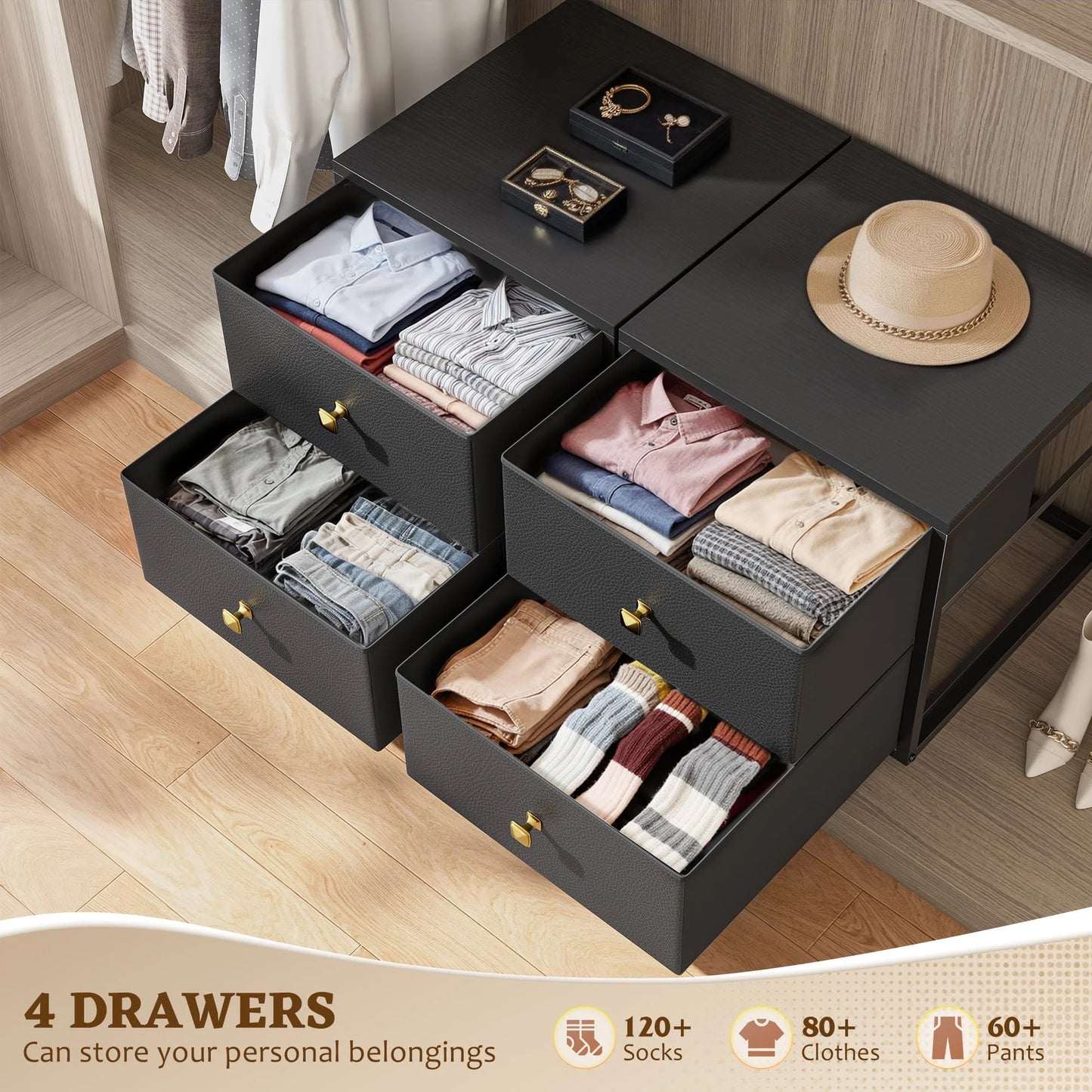 Freestanding 4-Drawer Stackable Storage – Fabric Drawers, Wood Top, Metal Frame – 22 LBS per Drawer – Ideal for Bedroom, Under-Bed, Closet, or Dorm