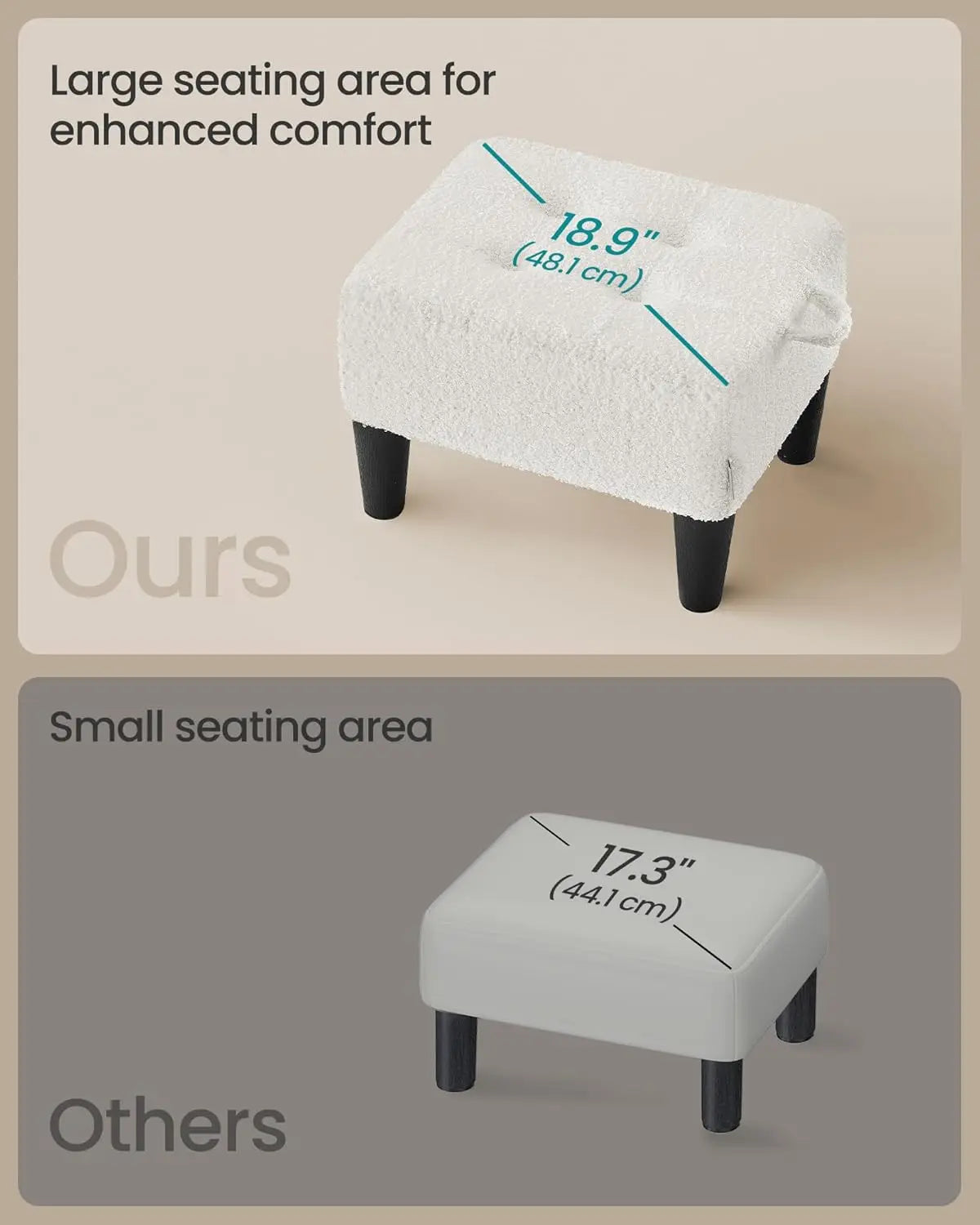 Teddy Fleece Foot Stool Ottoman with Thick Cushion, 330 lb Capacity, Cream White and Ink Black