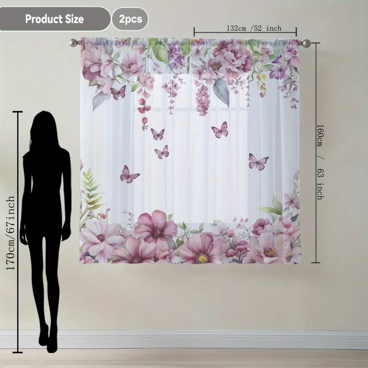2 Pcs Elegant Pink Floral & Butterfly Curtains – Home Decor for Kitchen Cafe Living Room Dining Room Balcony Bedroom