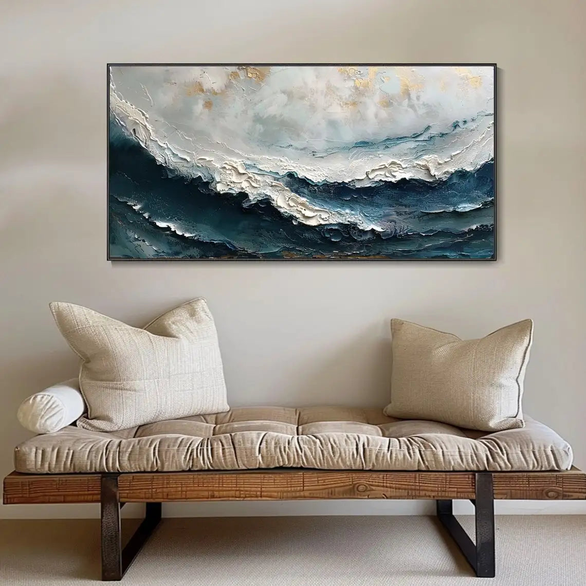 Large Sea Canvas Oil Painting Handmade Blue Sea Landscape Abstract White Wave Painting Textured Sea Painting Living Room Decor