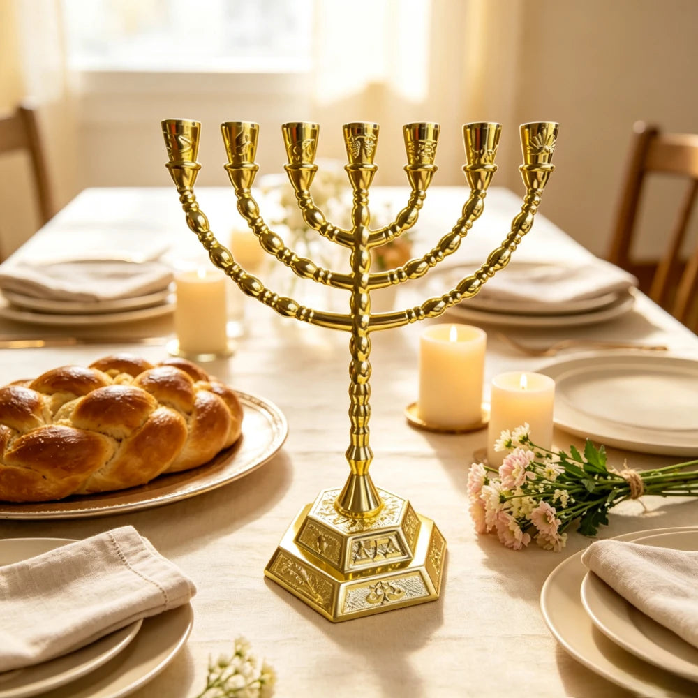 1PC Hanukkah Religious Menorah Golden Zinc Alloy 7 Arm Candlestick Embossed Hexagon Base Jewish Altar Display Souvenir Ornament