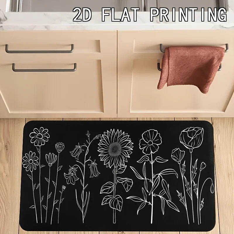 Simple Black White Line Art Wildflower Sunflower Runner Rug, Non-Slip Kitchen Rug for Kitchen, Living Room, Bathroom