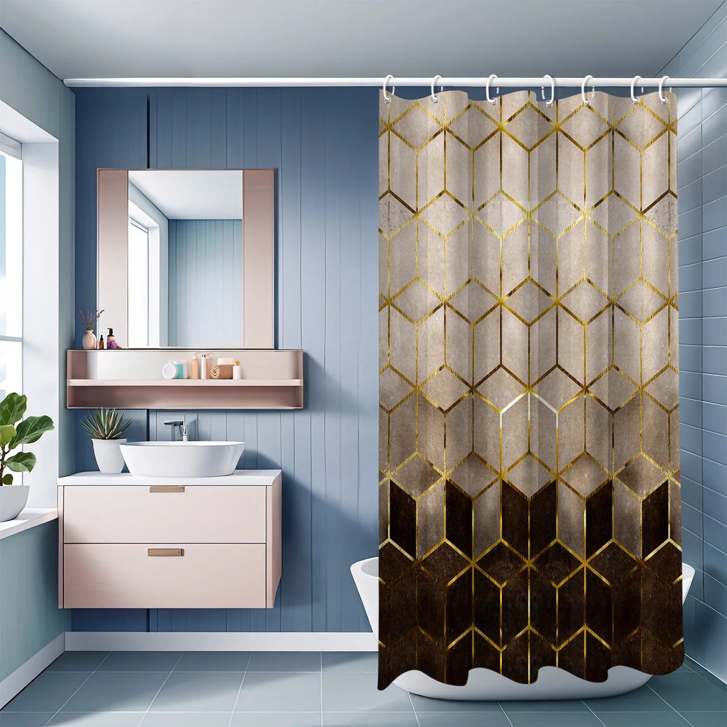 Shower Curtain 1pc Golden Brown Gradient Geometric Grid Abstract Pattern Printed Polyester Fabric Waterproof Mildew Resistant Washable Bathroom Hanging Drapery Tub Window Wall Luxury Decoration Home Supplies Multi Sizes Thank