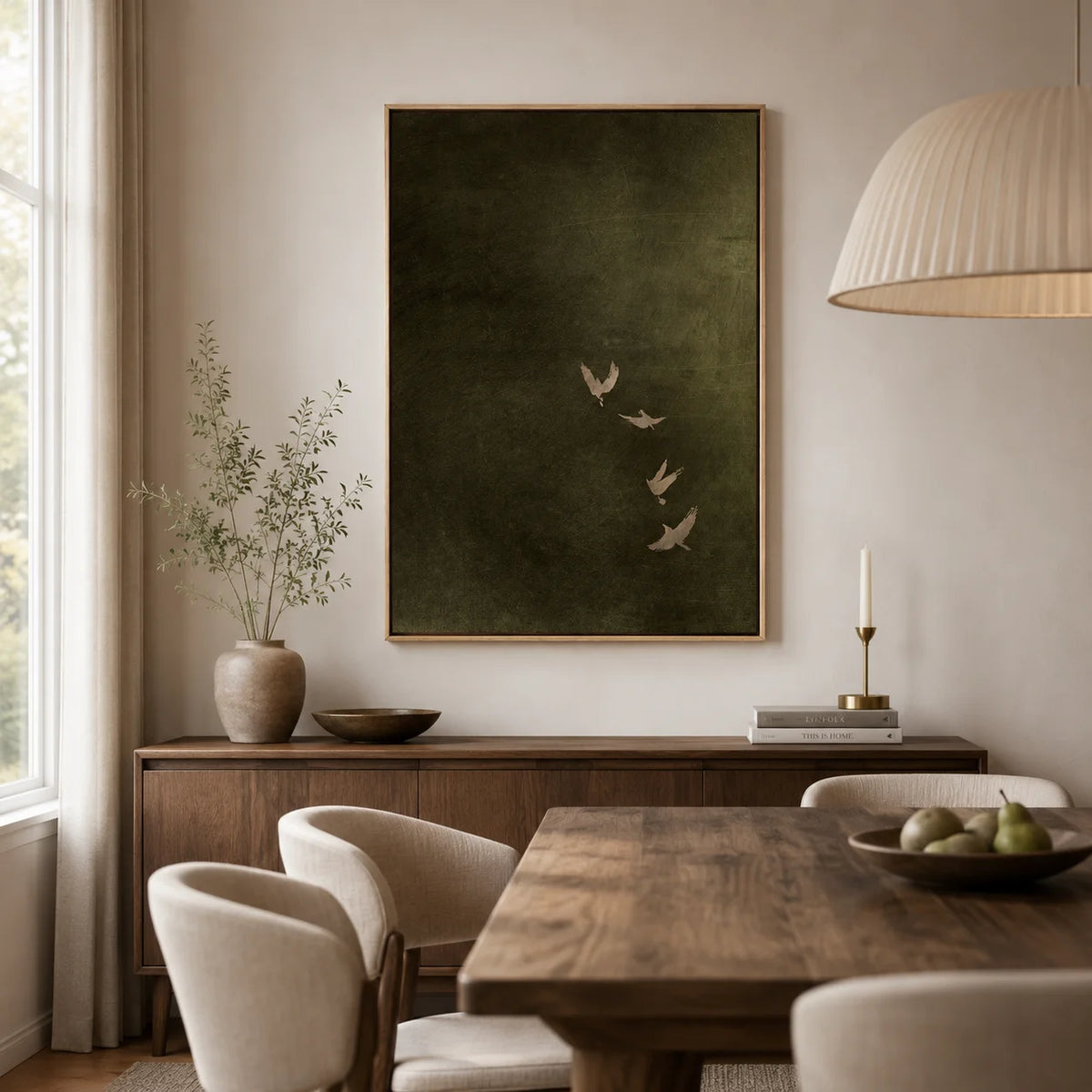 Olive Green Bird Canvas Art, Dark Moody Framed Art,Minimalist Japandi Living Room Decor Canvas Wall Print for Bedroom