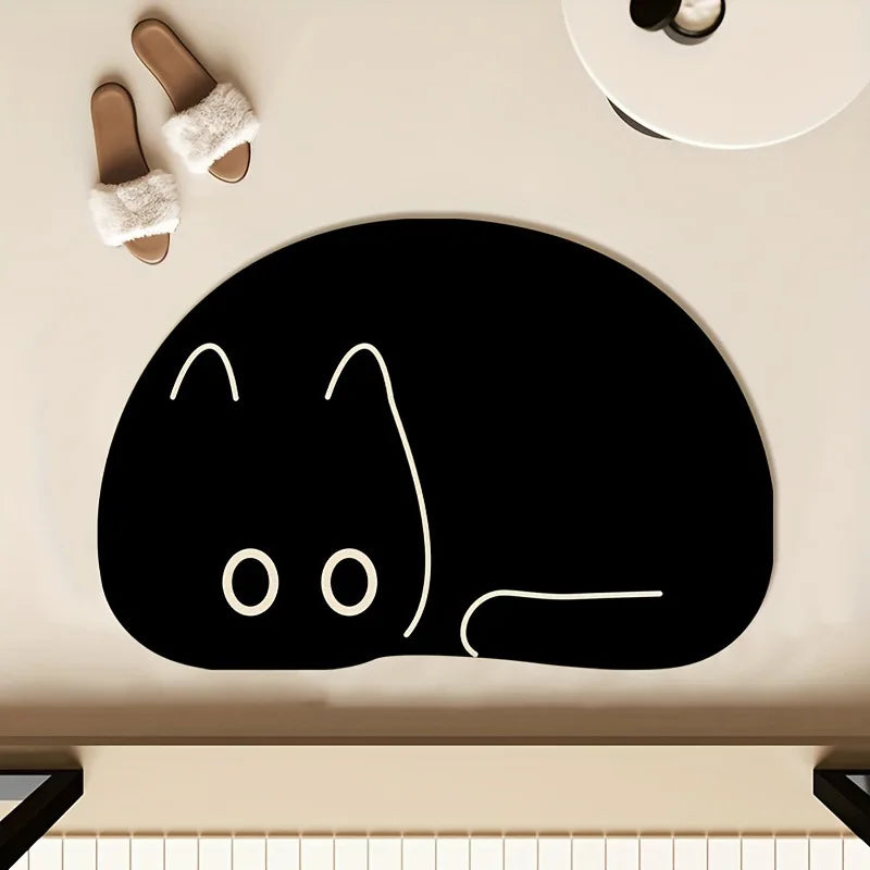 Black Cat Quick-Drying Bath Mats Cute Absorbent Floor Mats for Bathroom Bathtub with Non-slip Rubber Bottom Small Size Foot Pads
