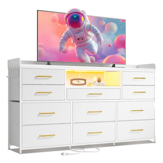 60" TV Stand with 11 Drawers – LED Lighting, Power Outlets, White Dresser with Shelves & 5 Hooks – For Bedroom, Dorm, Hallway