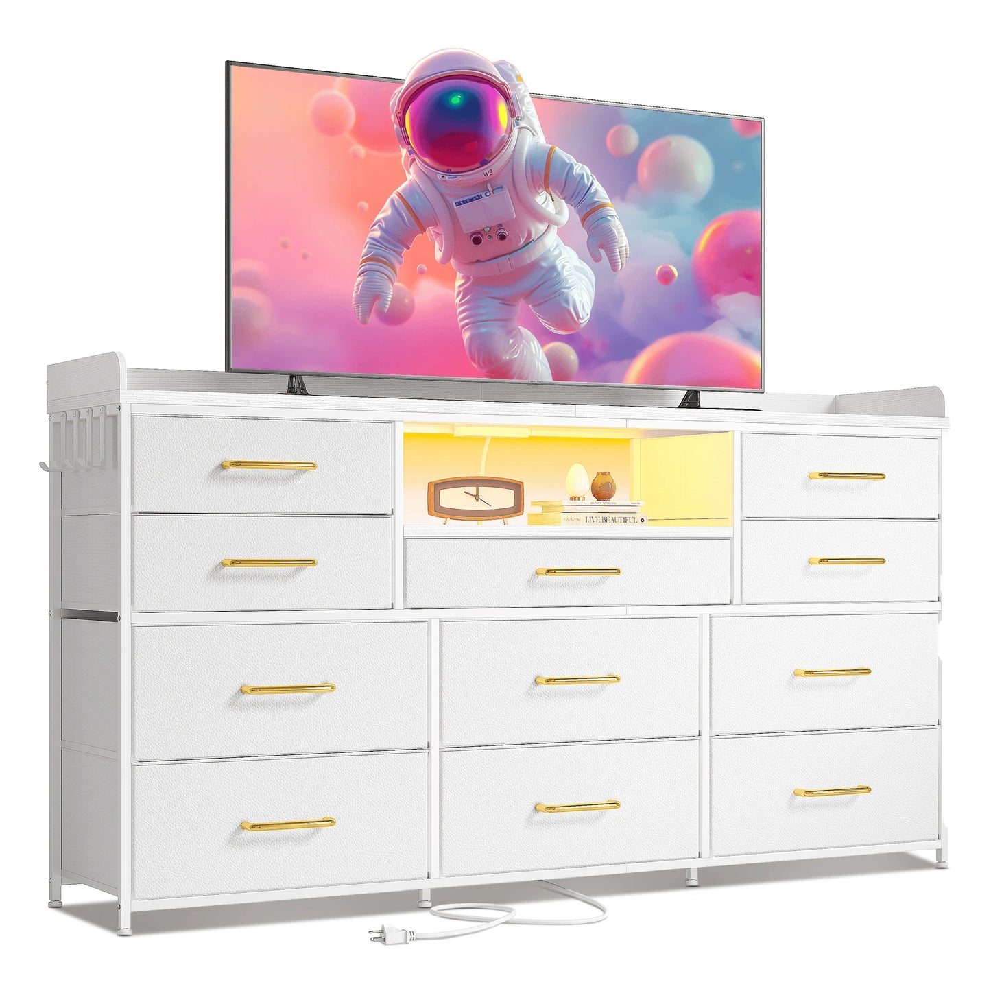 60" TV Stand with 11 Drawers – LED Lighting, Power Outlets, White Dresser with Shelves & 5 Hooks – For Bedroom, Dorm, Hallway
