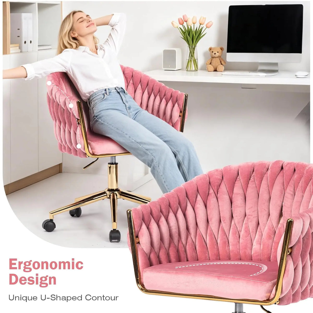 Cute Fabric Rolling Chair Vanity Office Desk Chair with Back Wheel Pink, Customized