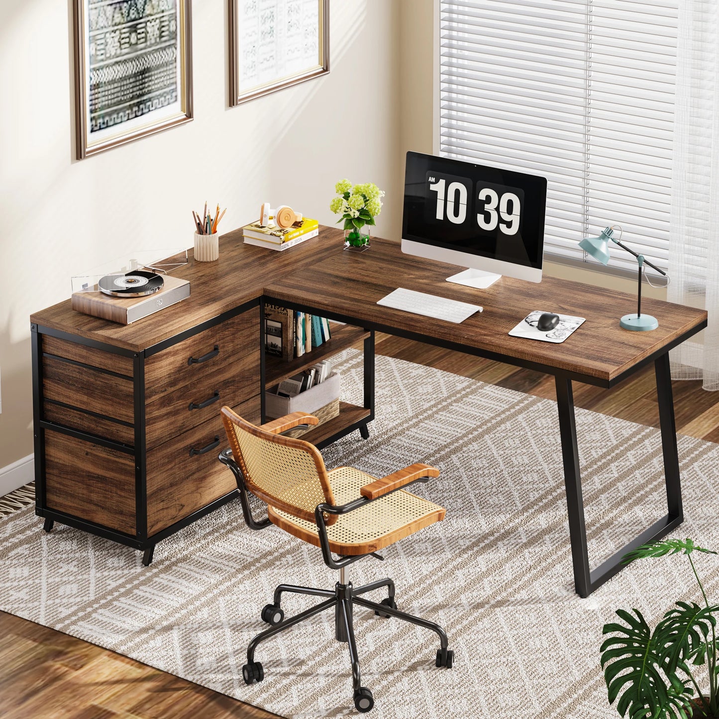 Tribesigns L-Shaped Computer Desk with 3 Drawers, Reversible Corner Home Office Desk with Shelves, 53-Inch Industrial PC Desk