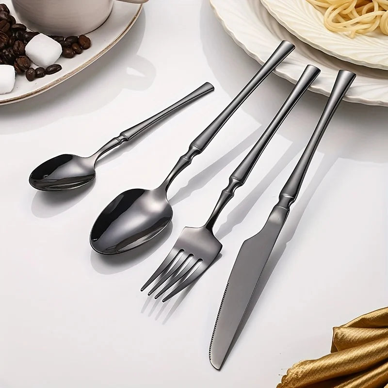 40/60-Piece Black Stainless Steel Cutlery Set, Mirror Polished, Including Dinner Forks, Steak Knives, and Soup Spoons, Suitable