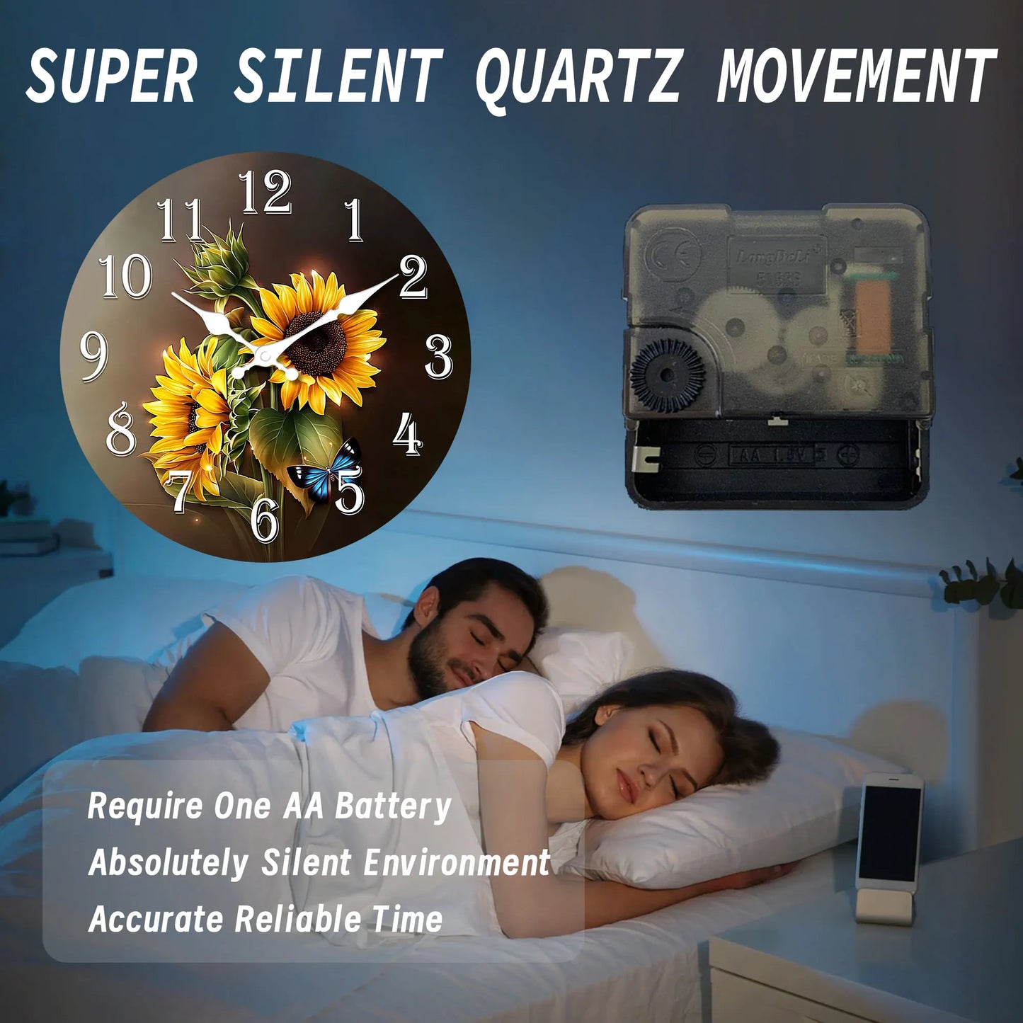 1pc wooden wall clock, beautiful sunflower and blue butterfly design wall clock, silent clock - suitable for living room bedroom