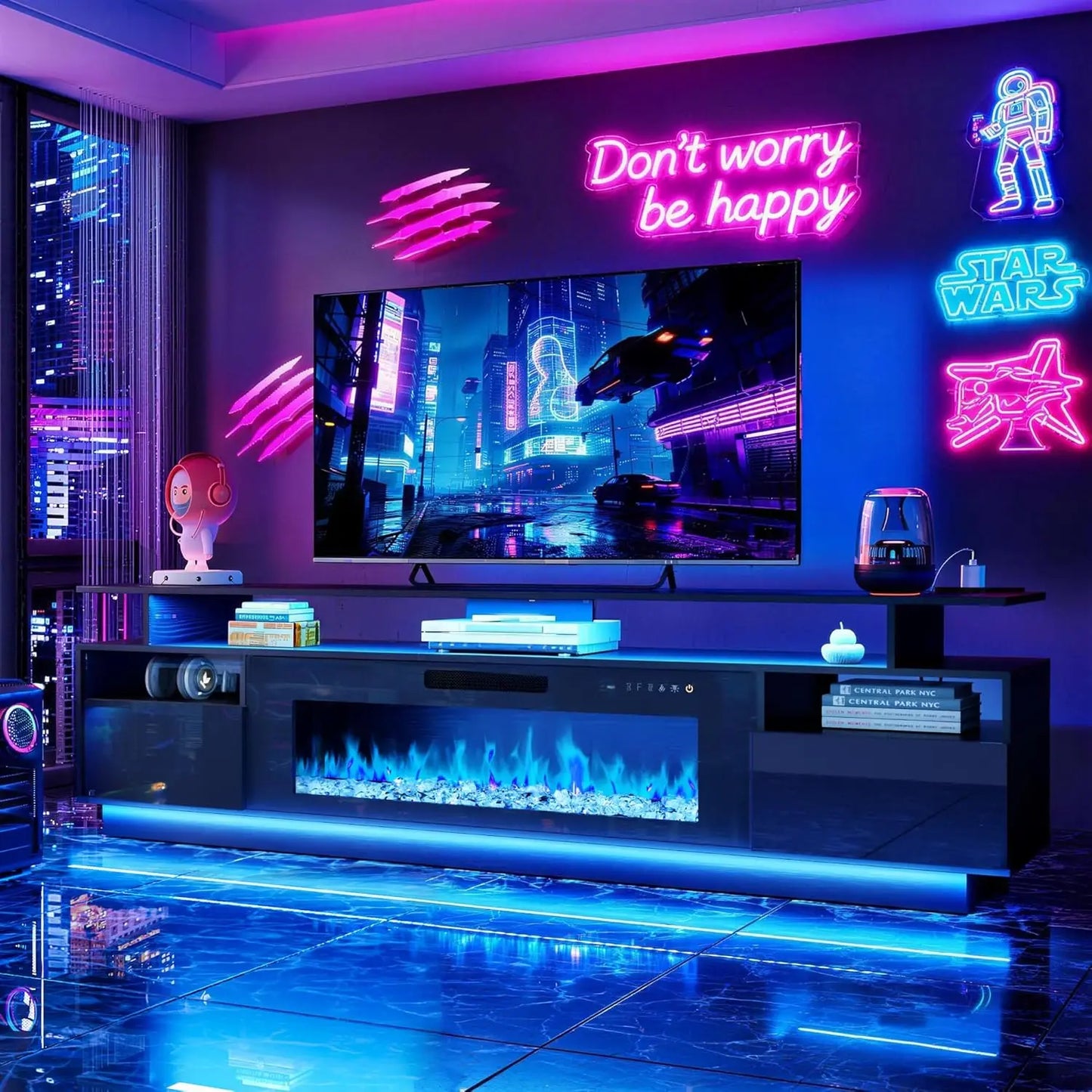 70" Fireplace TV Stand with 36" Electric Fireplace Entertainment Center with Charging Station and LED Light Console, Custom