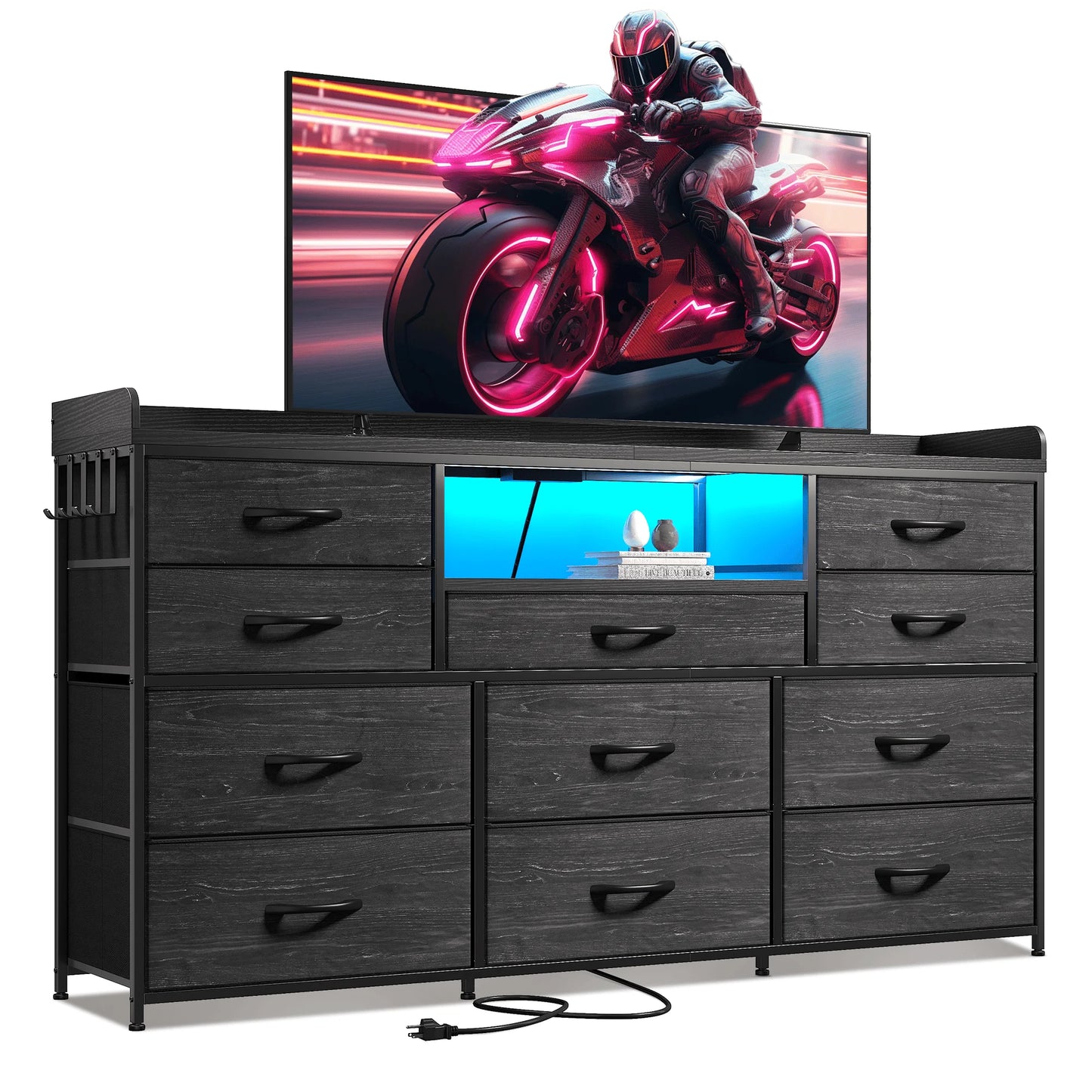 60" TV Stand with 11 Drawers – LED Lighting, Power Outlets, White Dresser with Shelves & 5 Hooks – For Bedroom, Dorm, Hallway