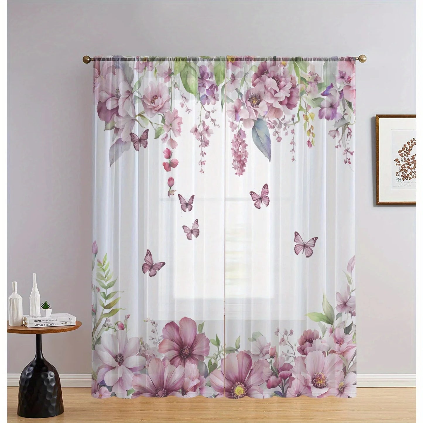 2 Pcs Elegant Pink Floral & Butterfly Curtains – Home Decor for Kitchen Cafe Living Room Dining Room Balcony Bedroom