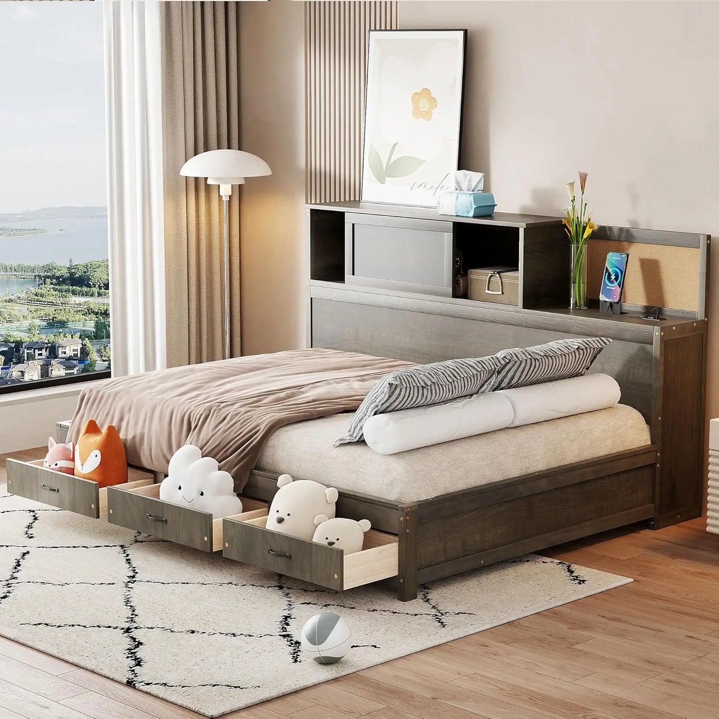 Full Size Daybed with USB Ports and Sockets,Wooden Platform Bed Frame with Storage Drawers and Shelf for Living, Customized